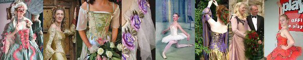 Green and pink silk corseted eighteenth century wedding gown with lace sleeve flounces, gold mediaeval wedding dress, green and pink 18th century style corset, purple and gold brocade and silk medieval bridal dress, orange and gold professional quality fairy tutu