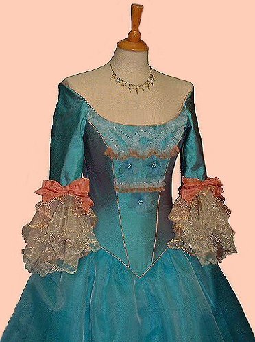 pale turquoise and terracotta wedding gown with eighteenth century styling
