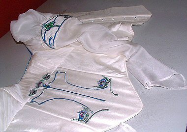 White wedding corset with sleeves and art nouveau decoration in blue, wine and green