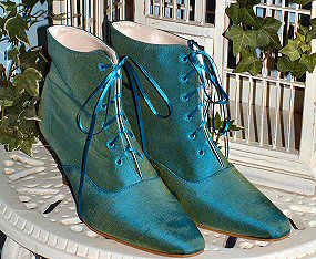 green/ blue boots covered in client's fabric to match gown.