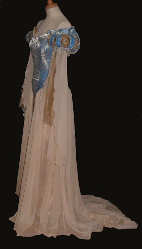 side view blue/ gold brocade medieval gown