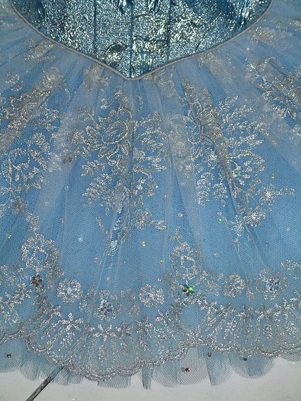 detail of silver lace skirt on blue tutu