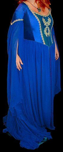 silk and chiffon blue turquoise and jade green medieval style wedding dress with hanging chiffon sleeves