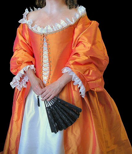 Charles II style period costume or alternative wedding dress in pink/ orange silk over white with front lacing