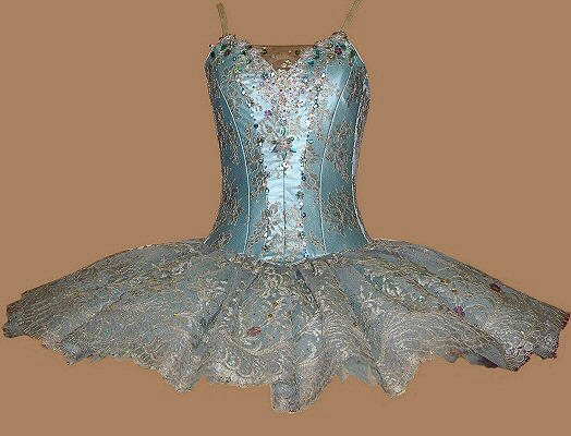 crystal fountain fairy tutu in pale blue satin and net, silver/ lilac lace and decorated with irridescent beads and stones 