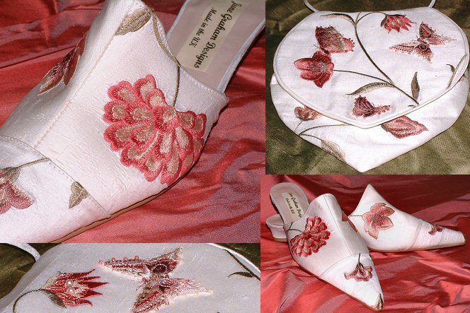 Butterfly and spring flower embroidered shoes and bridal bag