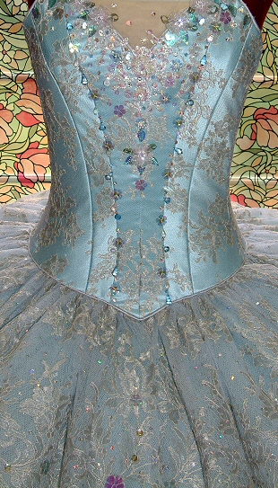 pale blue satin tutu bodice, overlaid with lace and beaded with crystal drops