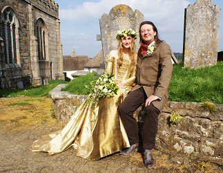 View the 16th and 17th century category on the menu, above left, for more images of this green and gold chiffon corseted gown. Will also link direct to page.