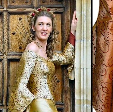gold embroidered dupion medieval style wedding dress with tailored hanging sleeves