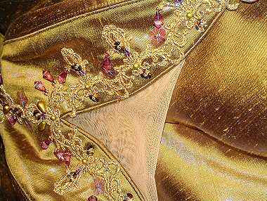 detail of tutu bodice decoration in gold lace with crystal drops