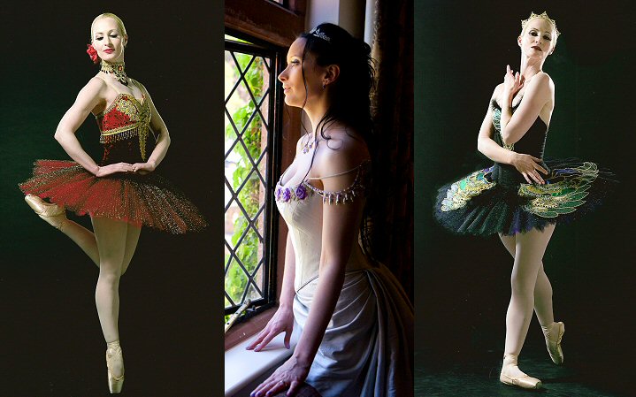 Pale silver wedding gown with lilac velvet trim, Paquita tutu in red and gold, Black swan tutu
