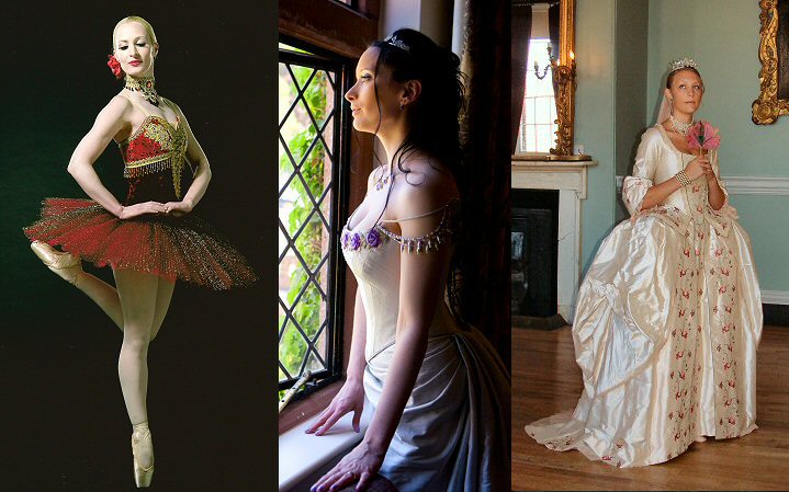 Pale silver wedding gown with lilac velvet trim, Paquita tutu in red and gold, Black swan tutu