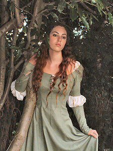 soft green pre-raphaelite gown with slashed sleeves