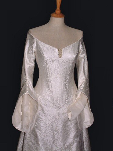 ivory satin damask brocade medieval style wedding dress with hanging sleeves