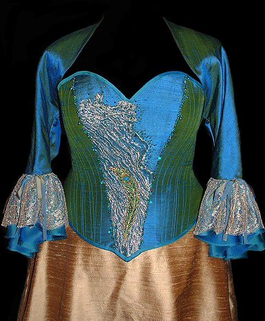 peacock blue-green corset with bolero jacket, gold lace cuffs