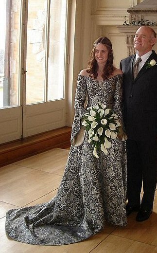 medieval style wedding dress with hanging sleeves