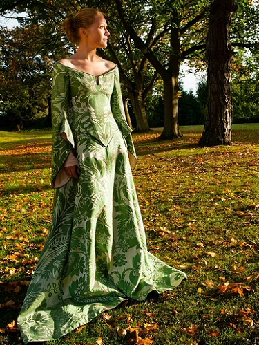 green and silver brocade medieval style wedding dress with tailored hanging sleeves