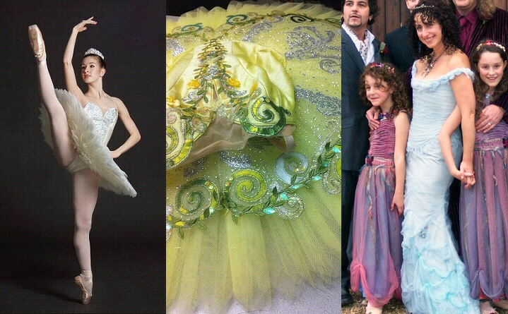 pale silver bustle-style wedding dress and professional quality embellished ballet tutus Pale silver wedding gown with lilac velvet trim, Genee competition tutu in ivory and silver, pale green eighteenth century costume