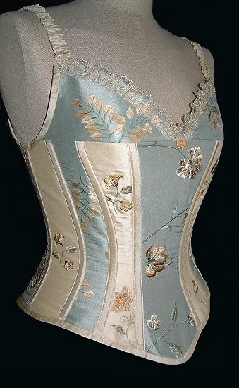  corset of embroidered silk panels in french grey and cream