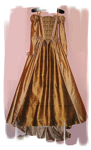 tudor style gown with layered gold lace stomacher, off-shoulder sleeves and cartridge pleated skirt