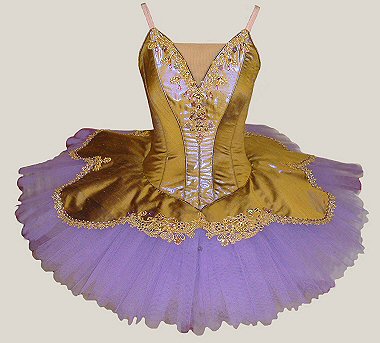 Lime and gold silk tutu with violet net skirts, embellished with gold lace and beadwork