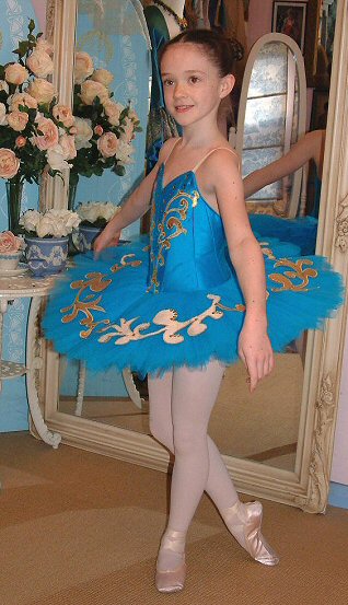 blue classical ballet tutu with gold decoration