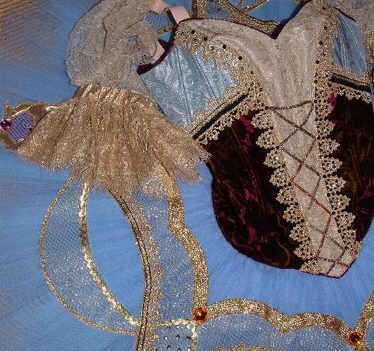 A close up of the plum velvet bodice and decoration in this classical ballet tutu made by a highly qualified tutu maker.