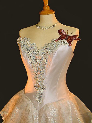 strapless lilac silk corseted bodice with front embellishment of silver lace and beadwork