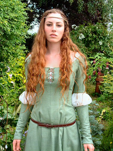 Green silk gown inspired by the Waterhouse paintings: Lady Clare and Ophelia pre-raphaelite gown with slashed sleeves inspired by waterhouse