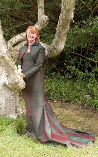 moss green and bronze silk dupion corset wedding dress with matching short shrug jacket