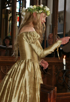 gold silk tudor style wedding dress