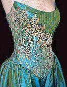 A beautiful gold/ green shot silk corseted dress.