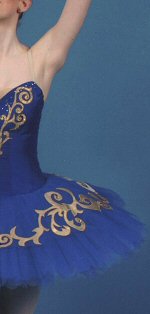 Royal blue competition tutu with gold applique decoration