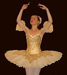 A made-to-measure classical ballet tutu designed for Manx Ballet Company's production of 'Cinderella'. The twelve layered skirt is supported by a hoop to give a flattering 'plate' effect and to withstand extremes of choreography. The gold brocade bodice is elaborately decorated with suitably eye-catching gold detailing, highlighted with sequins and light-reflecting stones. Headdress and sleeve frills were designed to match.